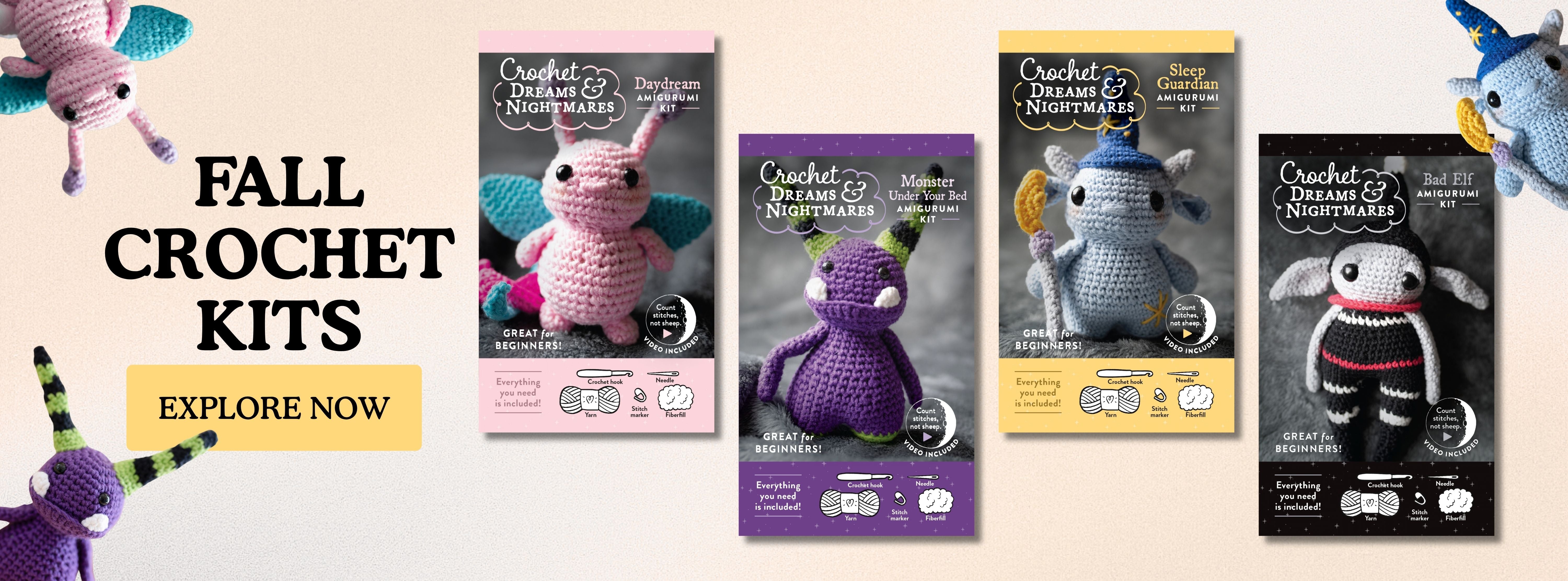 Four Crochet Dreams & Nightmares amigurumi kits featuring a pink fairy, purple monster, blue sleep guardian, and black elf, with an Explore Now button on the left.