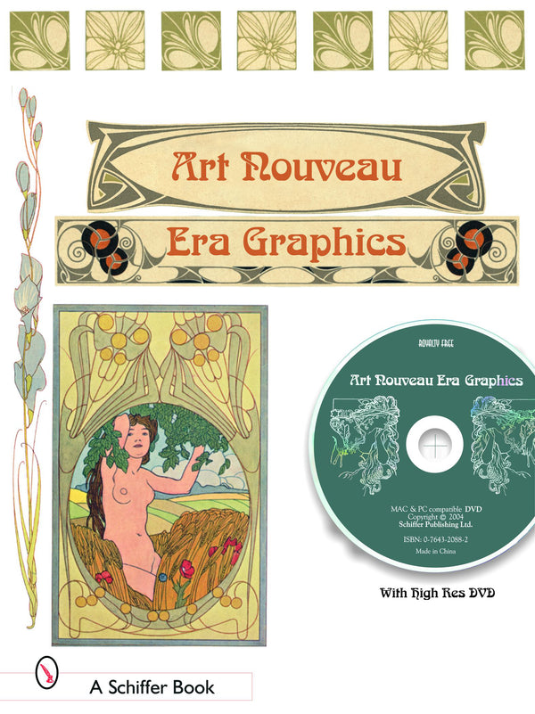 Art Nouveau-style book cover with floral designs, a decorative title reading Art Nouveau Era Graphics, an illustration of a woman surrounded by leaves, and a DVD labeled Art Nouveau Era Graphics with botanical motifs.