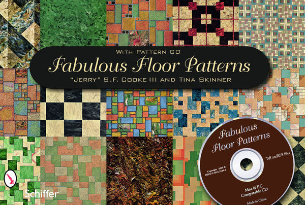 A book cover titled Fabulous Floor Patterns features a CD and a collage of colorful, geometric floor designs in various shapes and colors. Authors names, Jerry S.F. Cooke III and Tina Skinner, are displayed.
