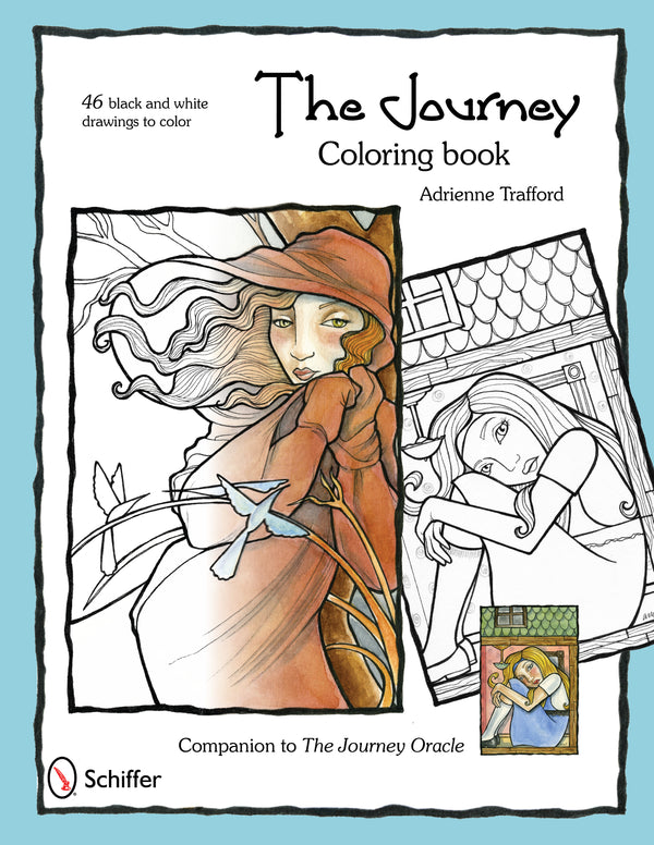 The cover of The Journey Coloring Book by Adrienne Trafford features an illustrated woman in a brown hood with a bird, another sketch of a girl sitting, and a small colored image of a woman with a cat in a window.