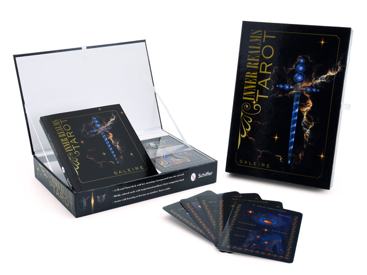 The Inner Realms Tarot by Schiffer Publishing, Ltd. is shown with its box and cosmic-themed cards fanned out, ideal for intuitive tarot readers. The packaging and cards are displayed on a white background.