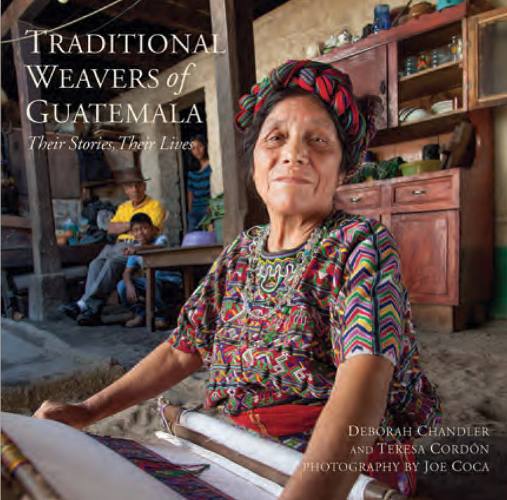 A woman in a vibrant dress highlights the artistry featured in "Traditional Weavers of Guatemala" by Schiffer Publishing, Ltd., celebrating Guatemalan artisans and their weaving traditions.