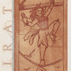 A wooden card from the Pirate Tarot shows a joyful pirate balancing on a rope with coins in each hand. Birds fly below. The card reads 2 and Challenge: Balanced Risk, with PIRATE spelled vertically in the background.