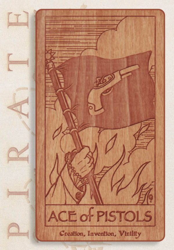 The Pirate Tarot Ace of Pistols card from Schiffer Publishing, Ltd. shows a hand with a staff and pistol flag amid flames, labeled "Creation, Invention, Vitality”—a striking addition to any pirate-themed card game.