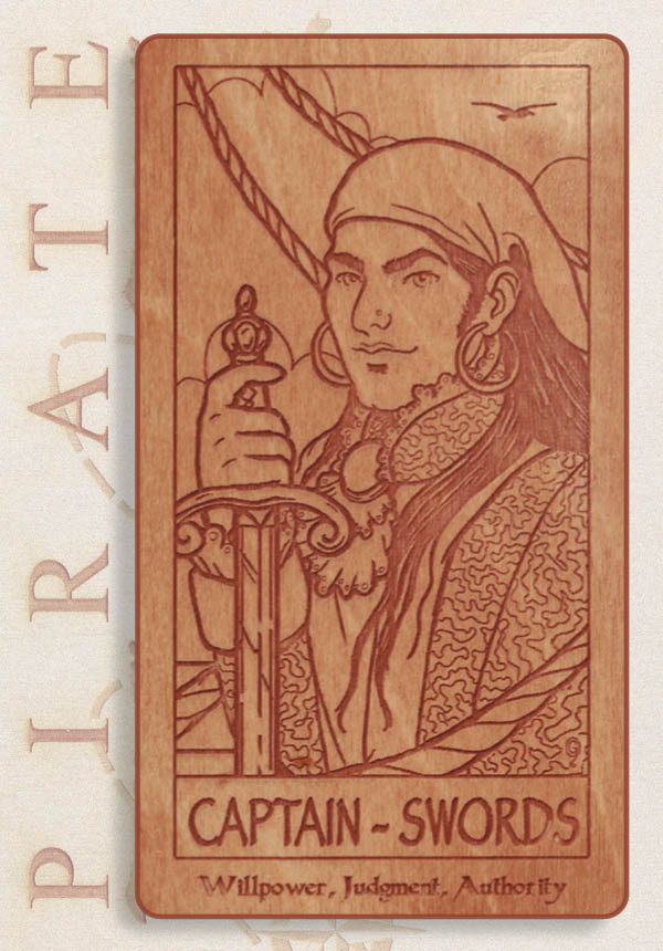 The Pirate Tarot by Schiffer Publishing, Ltd. features a wooden card showing a pirate captain with sword, headscarf, and earring. The card reads "CAPTAIN - SWORDS" with “Willpower, Judgment, Authority”—ideal for any tarot or pirate game deck.