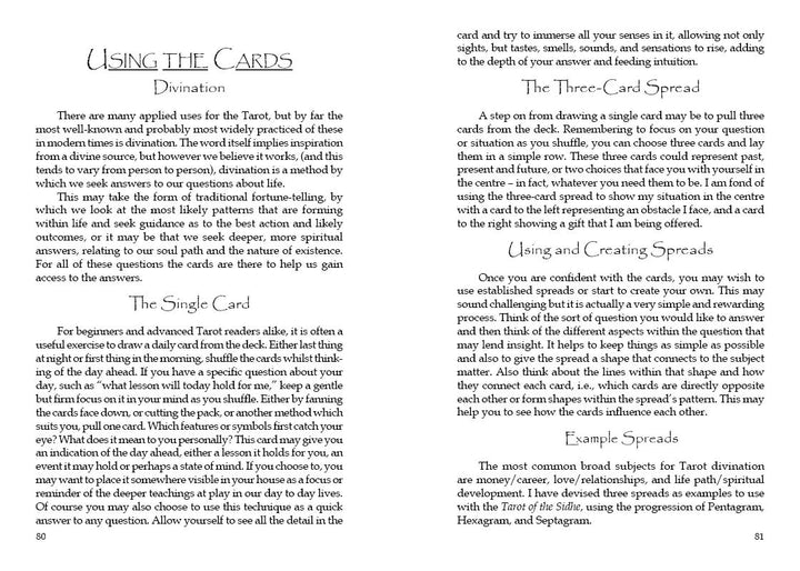 Two pages from "Tarot of the Sidhe" by Schiffer Publishing, Ltd. cover divination, the single card spread, and guidance with the Sidhe Tarot deck, plus three-card spreads, creating Celtic Otherworld layouts, and practical tips.