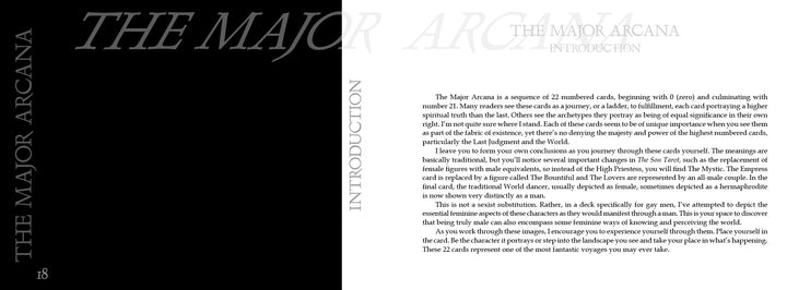 A two-page book spread from The Son Tarot by Schiffer Publishing, Ltd.: the left page is black with THE MAJOR ARCANA in large gray letters and INTRODUCTION vertically; the right page is white with the title and a passage on gay tarot and masculine spirituality.
