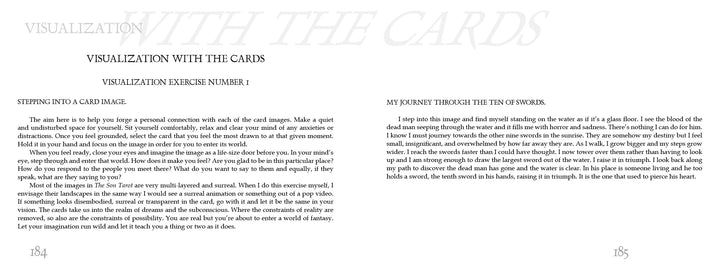 An open book from The Son Tarot by Schiffer Publishing, Ltd. features two exercises: the left page’s "Step into a card image," and the right page’s meditative journey inspired by self-realization cards, titled "My journey through the Ten of Swords.