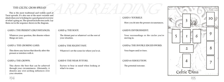 An open book, The Son Tarot by Schiffer Publishing, Ltd., shows Celtic Cross tarot spread instructions: card meanings and positions are on the left page, while a diagram labeled 1–10 illustrates the layout on the right.