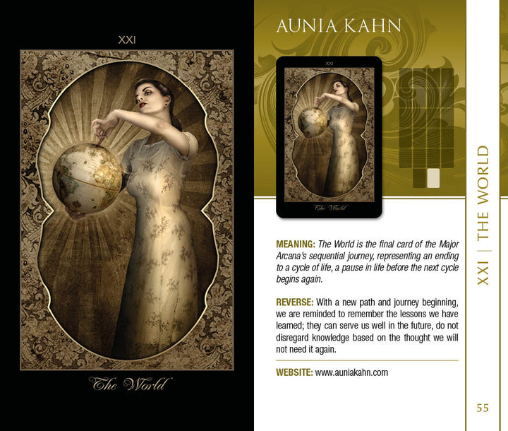 A vintage-style illustration of a woman with a globe appears on the Lowbrow Tarot's XXI The World card by Schiffer Publishing, Ltd., with meanings and interpretations provided alongside the Pop Surrealism artwork.