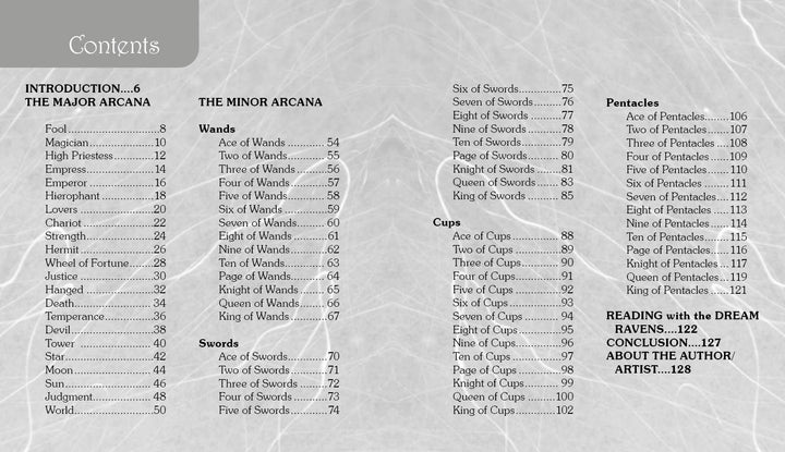 A contents page from Schiffer Publishing, Ltd.'s Dream Raven Tarot lists Major and Minor Arcana sections, card names for Wands, Swords, Cups, Pentacles, plus pages on reading tips, the conclusion, and author details.
