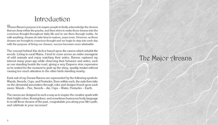 An open book shows two pages. The left is titled Introduction with text, while the right, inspired by Dream Raven Tarot from Schiffer Publishing, Ltd., is mostly blank and titled The Major Arcana.