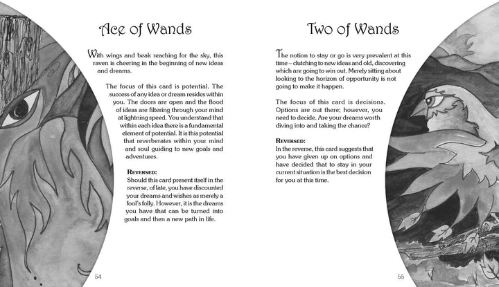 Two tarot card pages from the Dream Raven Tarot by Schiffer Publishing, Ltd. show the Ace of Wands (left) and Two of Wands (right), both in black and white with wands, faces, abstract designs, and card meanings including reversals.