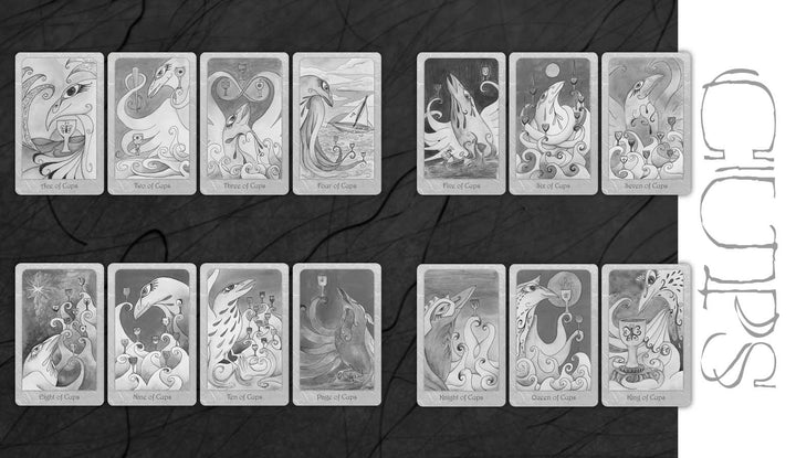 Thirteen monochrome Cups suit cards from the Dream Raven Tarot by Schiffer Publishing, Ltd. show stylized animal art, lined up horizontally on a marbled black and white background, with “CUPS” printed vertically along the right side.