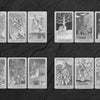A black-and-white illustration of the Pentacles suit from the Dream Raven Tarot by Schiffer Publishing, Ltd., depicting cards Ace through King with detailed, nature-inspired designs and figures on a textured dark background.