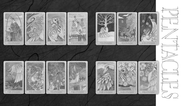 A black-and-white illustration of the Pentacles suit from the Dream Raven Tarot by Schiffer Publishing, Ltd., depicting cards Ace through King with detailed, nature-inspired designs and figures on a textured dark background.