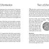 An open book displays Ace of Pentacles and Two of Pentacles card meanings from the Dream Raven Tarot by Schiffer Publishing, Ltd., with upright and reversed interpretations, decorative titles, and organized text on white pages.