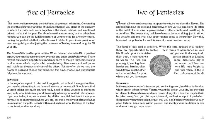 An open book displays Ace of Pentacles and Two of Pentacles card meanings from the Dream Raven Tarot by Schiffer Publishing, Ltd., with upright and reversed interpretations, decorative titles, and organized text on white pages.
