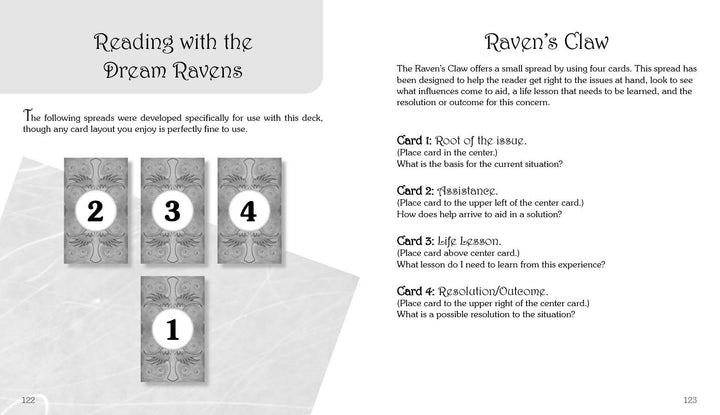 The Ravens Claw is a four-card cross spread using the Dream Raven Tarot by Schiffer Publishing, Ltd., with instructions and card meanings provided on the right for a mystical reading experience.