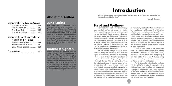 Two pages from "The Healing Tarot" by Schiffer Publishing, Ltd. Left page: chapters and bios for Juno Lucina and Monica Knighton. Right page: intro with a Joseph Campbell quote and a section on tarot and holistic healing for wellness readings. Black text on light.