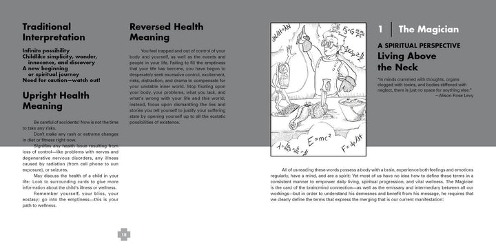 A page from The Healing Tarot by Schiffer Publishing, Ltd. displays The Magician card illustration and explains its upright and reversed meanings for holistic healing and wellness readings.