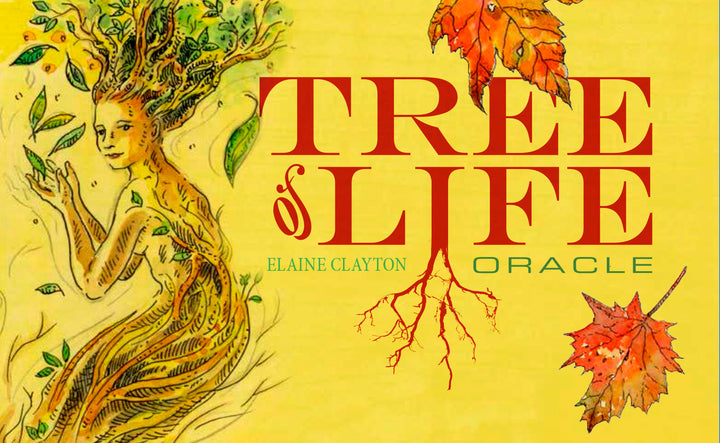 The Tree of Life Oracle by Schiffer Publishing, Ltd. features an illustrated cover with a woman merging into a tree amid green leaves, red autumn leaves, and bold red text, set against a yellow background.
