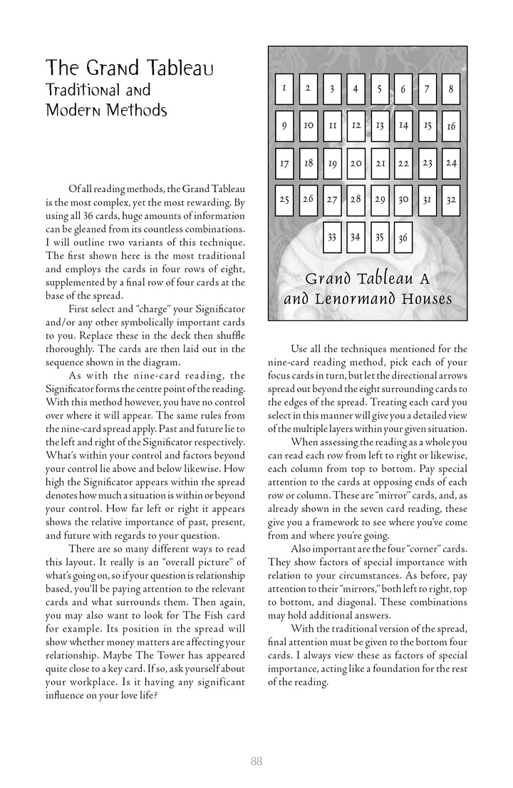 A page from Lenormand Cartomancy by Schiffer Publishing, Ltd. features Grand Tableau card reading instructions with a cartomancy deck, a 4x9 diagram, and a small photo labeled Grand Tableau A and Lenormand Houses.
