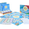 First Light Tarot by Schiffer Publishing, Ltd. is shown with its open board, instruction sheets, 66 Tarot cards, a folded guidebook, and a game box with a yellow and blue design on a white background.