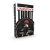 A box of The Gorgon's Tarot by Schiffer Publishing, Ltd. The round deck features bold black, white, and red artwork depicting a mythological figure with serpentine hair and a staff on a striking dark background.