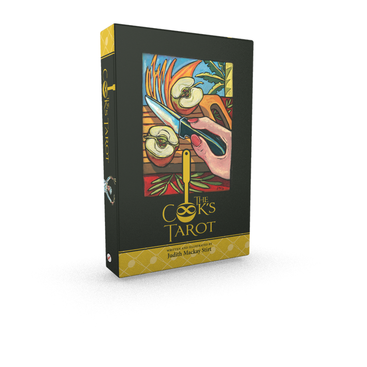 A box of The Cook's Tarot by Schiffer Publishing, Ltd., a hand-painted culinary Tarot deck showing a hand slicing mushrooms on a cutting board with vegetables, with the title in yellow and white below the illustration.