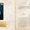 An open "Chronicles of Destiny Fortune Cards" guidebook (Schiffer Publishing, Ltd.) shows the Downfall card—featuring a cloaked figure and flying birds. Chapter 25 interprets its message on defeat and letting go.