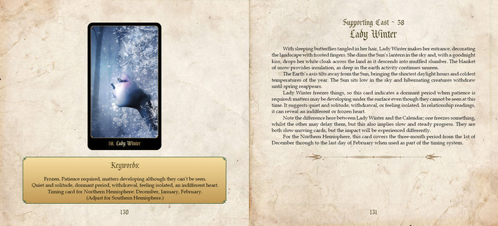Card 38, Lady Winter, from Schiffer Publishing's The Chronicles of Destiny Fortune Cards, shows a woman amid snowy trees. The guidebook explores her winter symbolism—endurance, retreat, and quiet nurturing.