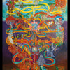 Kabbalistic Visions by Schiffer Publishing, Ltd. features a vibrant, detailed painting of swirling paths, historical and mythical figures, and iconic buildings branching from a Tree of Life inspired by the Hebrew alphabet, set against a dynamic, colorful background.