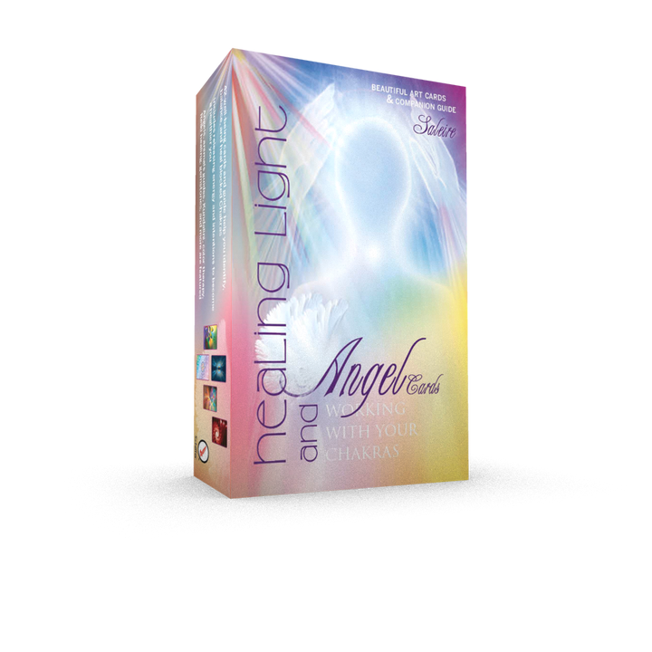 A box of Healing Light and Angel Cards by Schiffer Publishing, Ltd. features soft pastel colors, a radiant aura, and angelic designs. Includes art cards and a companion guide by Saleire for chakra healing and energy work.
