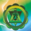 A central geometric design forms a green heart chakra symbol on a swirling green, blue, and yellow background. "Heart chakra" appears at the top in white. From Healing Light and Angel Cards by Schiffer Publishing, Ltd.—ideal for energy work.