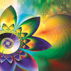A vibrant, abstract design with a multicolored fractal flower and swirling green, yellow, and orange patterns—ideal for chakra healing—adorns Schiffer Publishing, Ltd.'s Healing Light and Angel Cards; "strength earth" appears at the top.