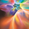 Abstract digital artwork with swirling, translucent rainbow shapes radiating from a dark center—evoking chakra healing energy. At the top, "Healing Light and Angel Cards" by Schiffer Publishing, Ltd. appears in a light, modern font.