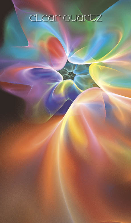 Abstract digital artwork with swirling, translucent rainbow shapes radiating from a dark center—evoking chakra healing energy. At the top, "Healing Light and Angel Cards" by Schiffer Publishing, Ltd. appears in a light, modern font.