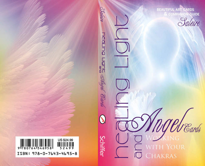 The Healing Light and Angel Cards by Schiffer Publishing, Ltd. feature a pastel cover with ethereal wings, a glowing orb, and elegant script in pink, purple, and white—evoking gentle chakra healing energy.