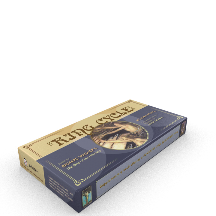 A rectangular box titled The Ring Cycle Tarot from Schiffer Publishing, Ltd. lies on a white surface, displaying Arthur Rackham’s classical artwork with gold and blue text.