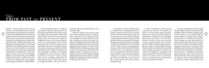 The Mythical Creatures Oracle by Schiffer Publishing, Ltd. features black-and-white spreads with elegant serif titles and minimal layouts, offering dense columns on mythology, culture, and animal symbolism reminiscent of a classic guidebook.