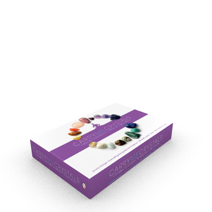 A rectangular box labeled "Carry Me Crystals—Chakra Clearing & Oracle Card Deck" by Schiffer Publishing, Ltd. features images of colorful crystals in a circle on the lid, set against a plain white background.