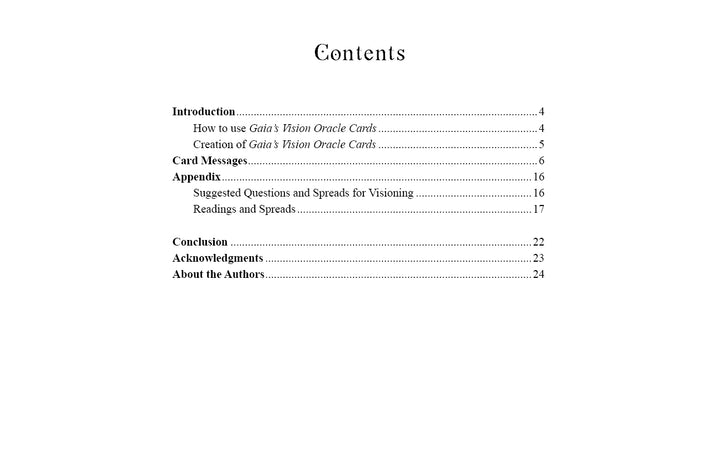 Table of contents includes Introduction, Card Messages, Appendix, Conclusion, Acknowledgments, and About the Authors, with page numbers—featuring intuitive insights from Gaia's Vision Oracle Cards by Schiffer Publishing, Ltd.