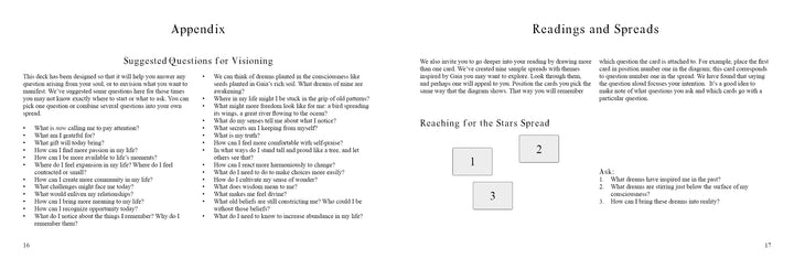 A two-page book spread from Schiffer Publishing’s Gaia’s Vision Oracle Cards features visioning questions on the left, and on the right, readings and tarot spreads—like Reaching for the Stars—plus intuitive inspiration from Gaia's Vision Oracle Cards.