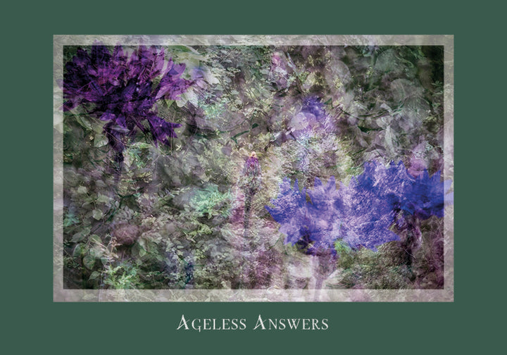 A textured collage of earthy greens and purples with abstract shapes, framed by green, evokes inspiration. Beneath the image reads “AGELESS ANSWERS.” From Gaia's Vision Oracle Cards by Schiffer Publishing, Ltd.