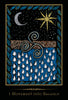 A stylized crescent moon, yellow sun, stars, swirling symbol, blue water with white teardrops, and green leaves appear on the Shamanic Healing Oracle Cards by Schiffer Publishing, Ltd. Below is the text: “I Movement into Balance.”.