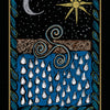 A stylized crescent moon, yellow sun, stars, swirling symbol, blue water with white teardrops, and green leaves appear on the Shamanic Healing Oracle Cards by Schiffer Publishing, Ltd. Below is the text: “I Movement into Balance.”.