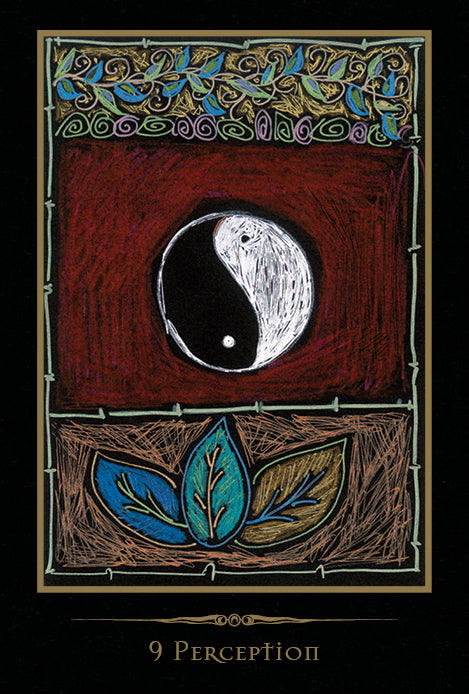 The Shamanic Healing Oracle Cards by Schiffer Publishing, Ltd. feature a stylized yin-yang on a red and black background, blue and green leaves beneath, swirling patterns above, a bamboo border, and "9 Perception" at the bottom.
