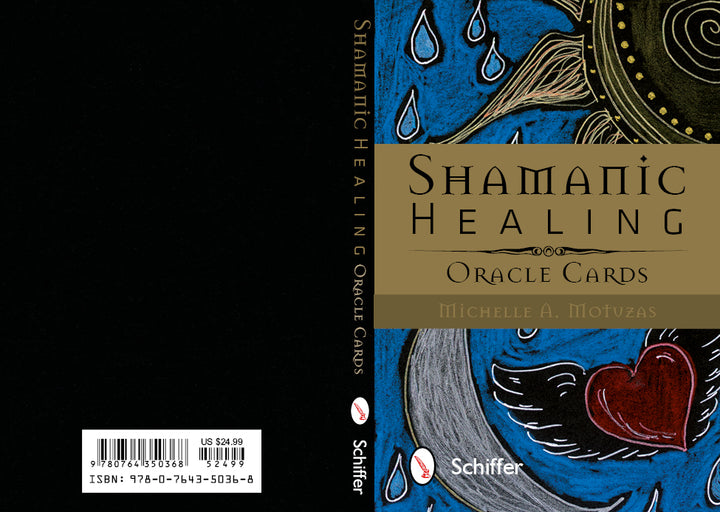 Book cover for Shamanic Healing Oracle Cards by Schiffer Publishing, Ltd. features mystical tribal artwork with heart and feathers on a black-blue background. Self-awareness theme; price and ISBN shown on the back cover.