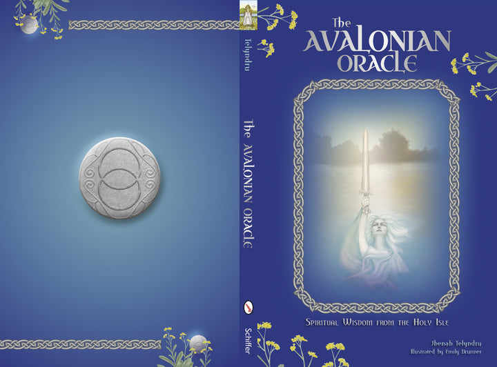 The Avalonian Oracle by Schiffer Publishing, Ltd. features a stone medallion with Celtic designs on the left and a mystical Priestess raising a sword from water on the right, framed by ornate borders and yellow wildflowers.